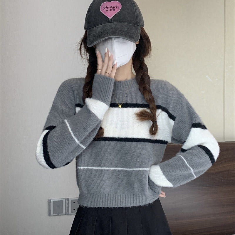 Mera Sweater Korean Casual Loose Contrast Color Striped Short Style