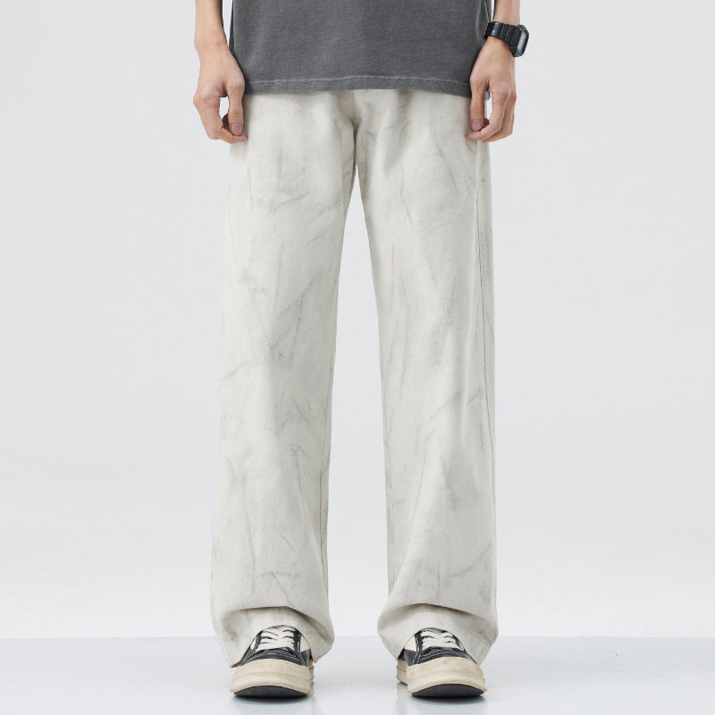 American Fashion Brand Vintage Tie-dyed Cotton Casual Pants Men's Loose Straight Mop Wide-leg Pants