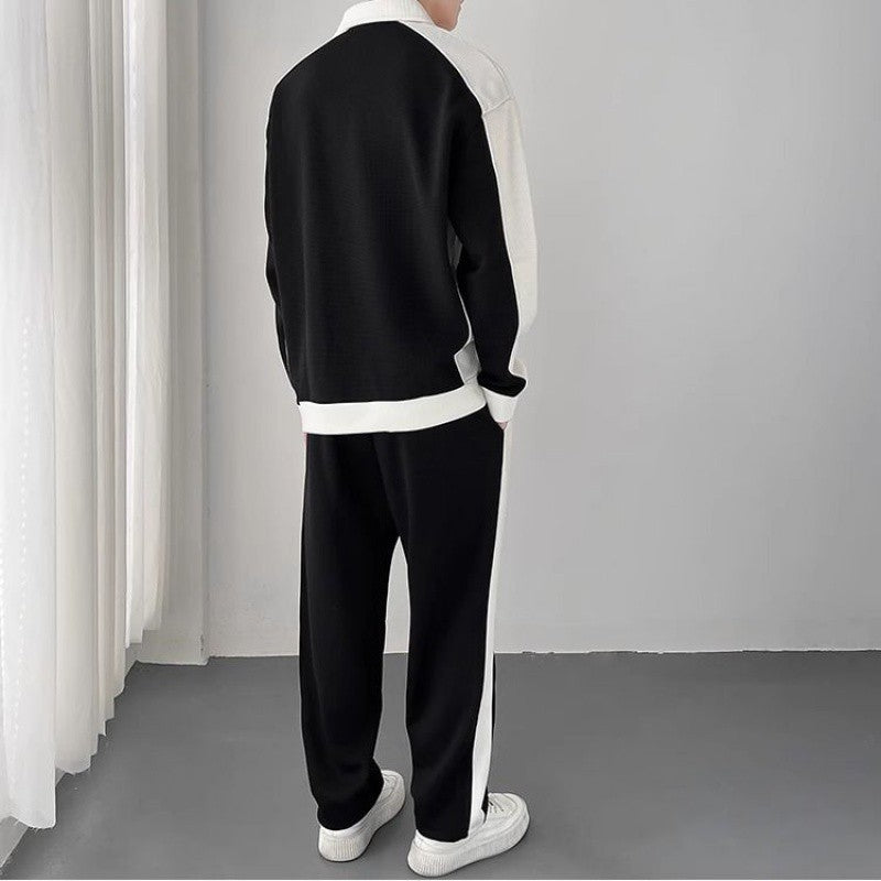Men's Contrast Color Korean Design Sense Casual Sweatshirt Trousers Suit