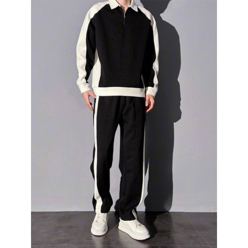 Men's Contrast Color Korean Design Sense Casual Sweatshirt Trousers Suit
