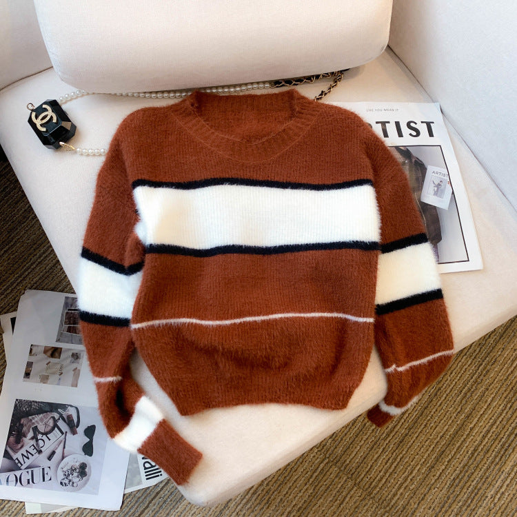 Mera Sweater Korean Casual Loose Contrast Color Striped Short Style