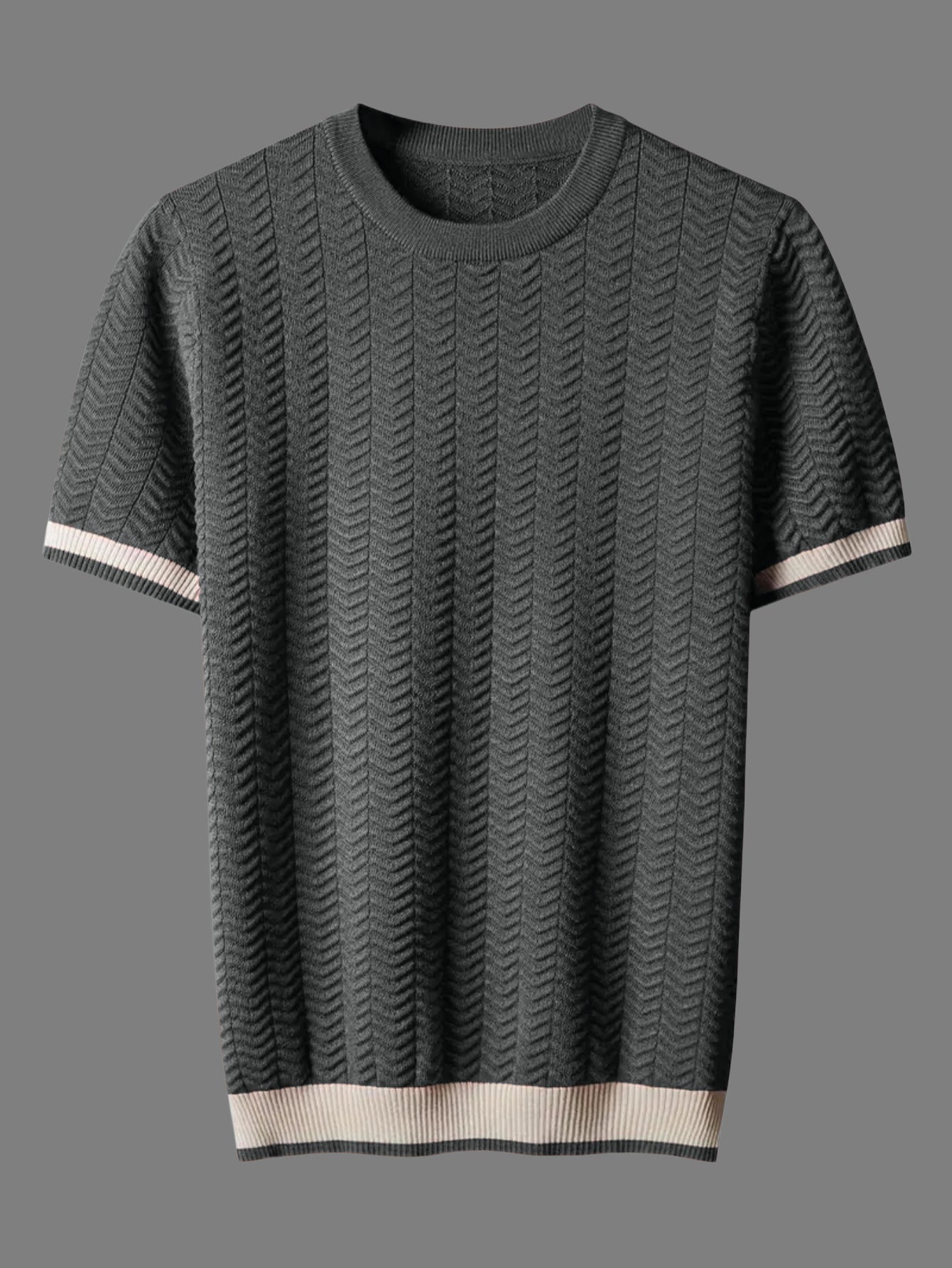 Men's Round Neck Contrast Color Jacquard Texture Slim-fit Short Sleeve