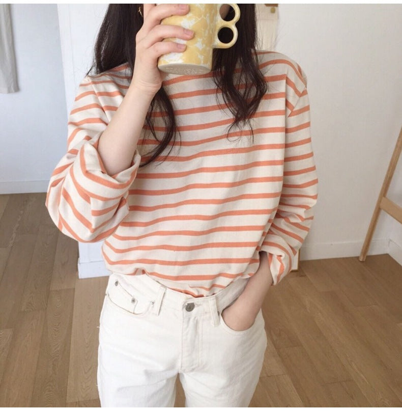 Korean Style Striped T-shirt Women's Long-sleeved Loose Inner Wear Bottoming Shirt Versatile Top