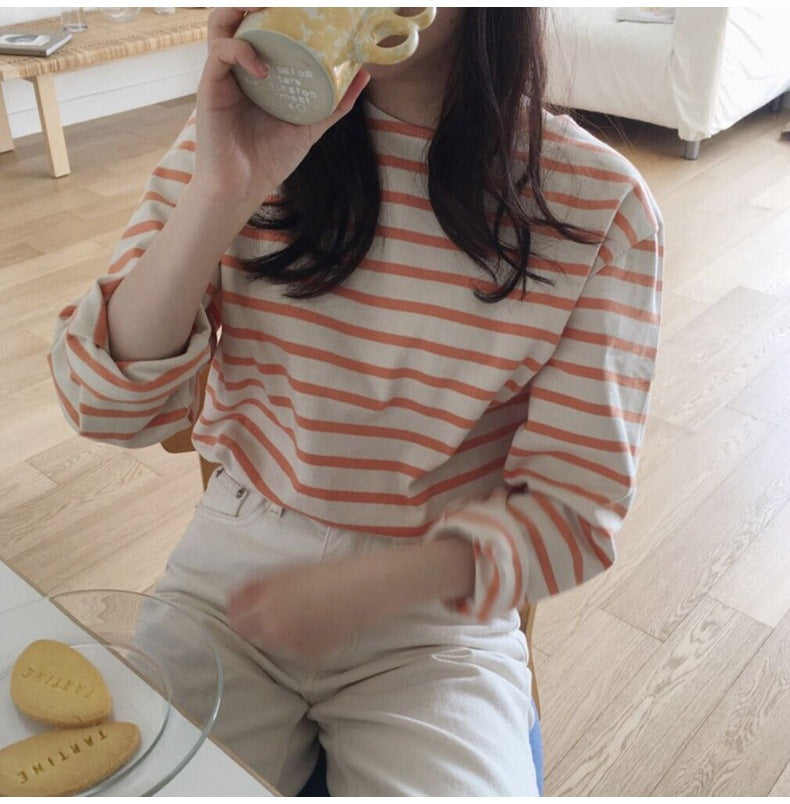 Korean Style Striped T-shirt Women's Long-sleeved Loose Inner Wear Bottoming Shirt Versatile Top