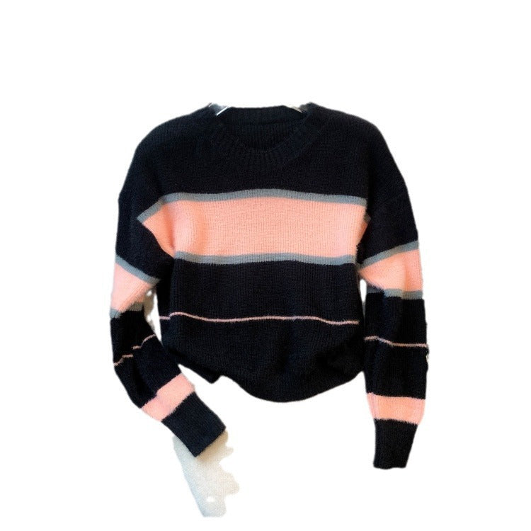 Mera Sweater Korean Casual Loose Contrast Color Striped Short Style