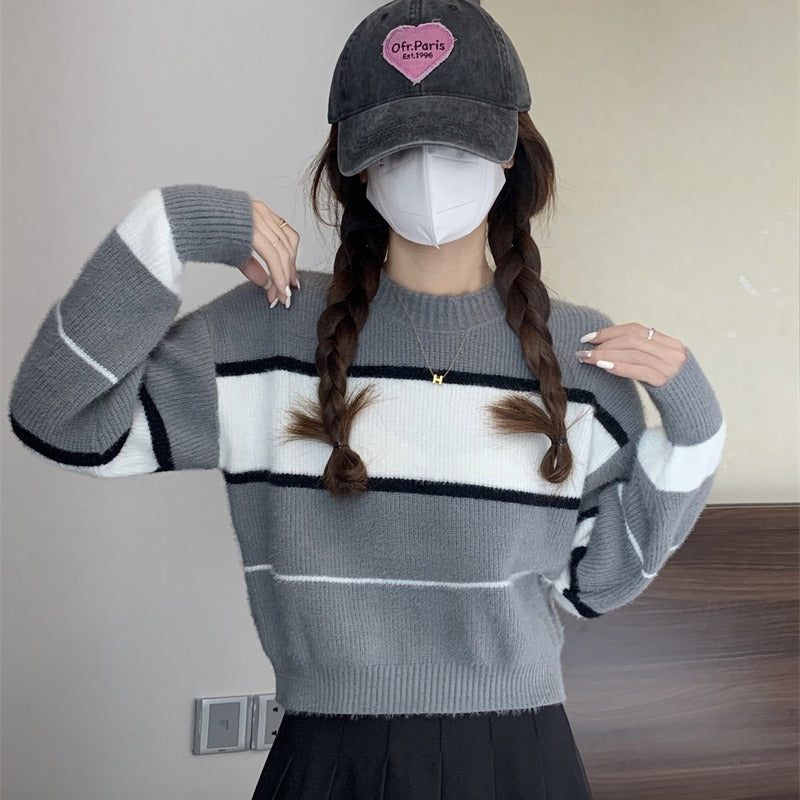 Mera Sweater Korean Casual Loose Contrast Color Striped Short Style