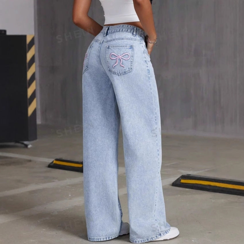 Vintage Bow Embroidered Washed Jeans For Women Straight Loose Trousers