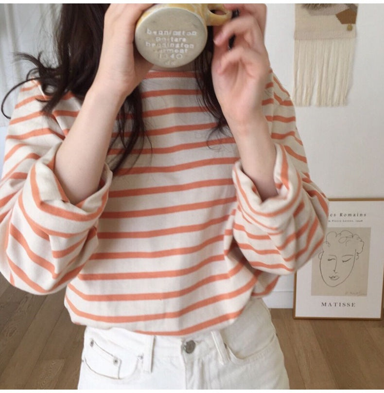 Korean Style Striped T-shirt Women's Long-sleeved Loose Inner Wear Bottoming Shirt Versatile Top