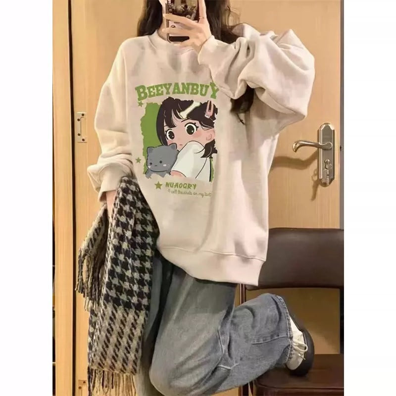 New Autumn And Winter Long-sleeved Sweater Women's Korean-style Fleece-lined Idle Style Round Neck Cartoon Printing