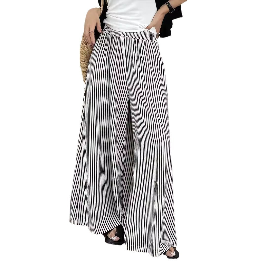 Leisure Striped Elastic Waist Wide-leg Draggle-tail Trousers