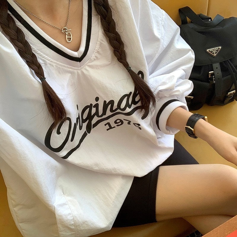 Women's Long Sleeve V-neck Printed Loose Sweatshirt Korean Style