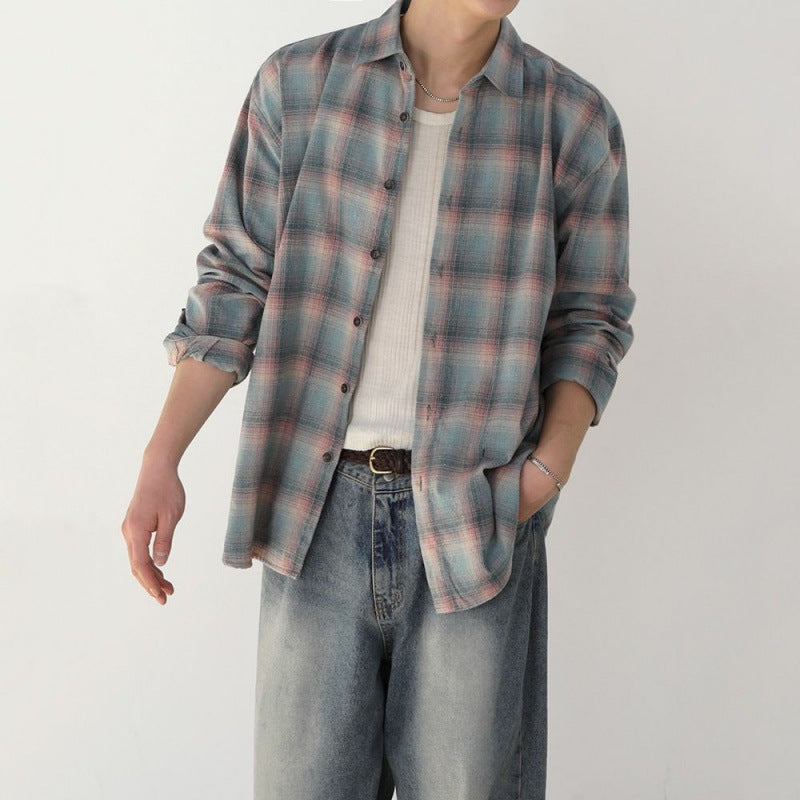 Color-contrast Check Long Sleeve Shirt For Men