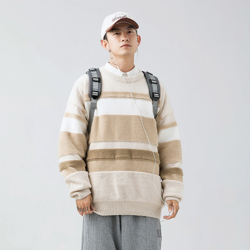 Japanese Style Men's Clothing Vintage Stripe Round Neck Sweater