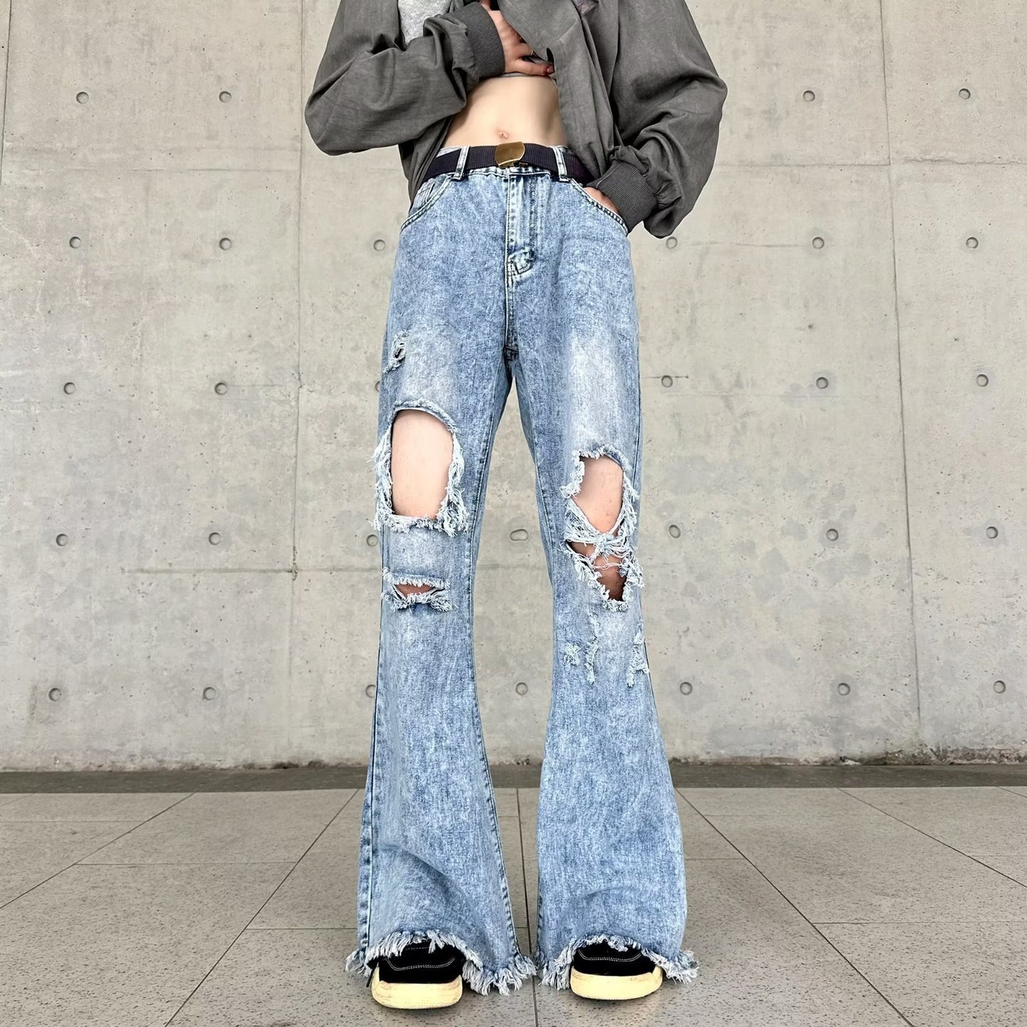 Retro Make Old Ripped Slim-fit Blue Jeans