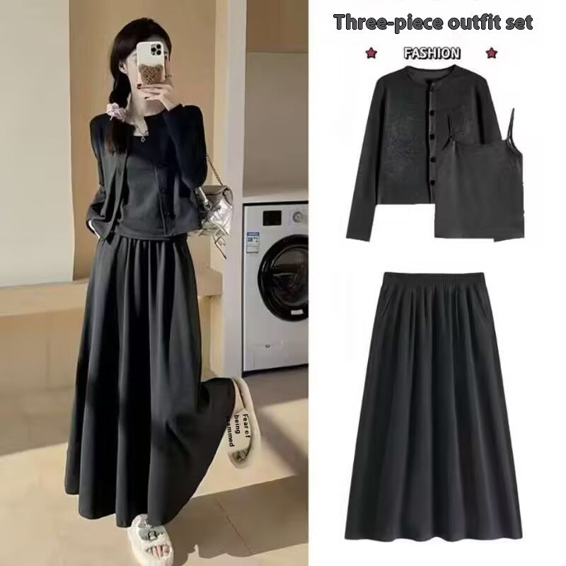 Glutinous Rice Three-piece Korean-style Elegant Knitted Cardigan Sling Skirt