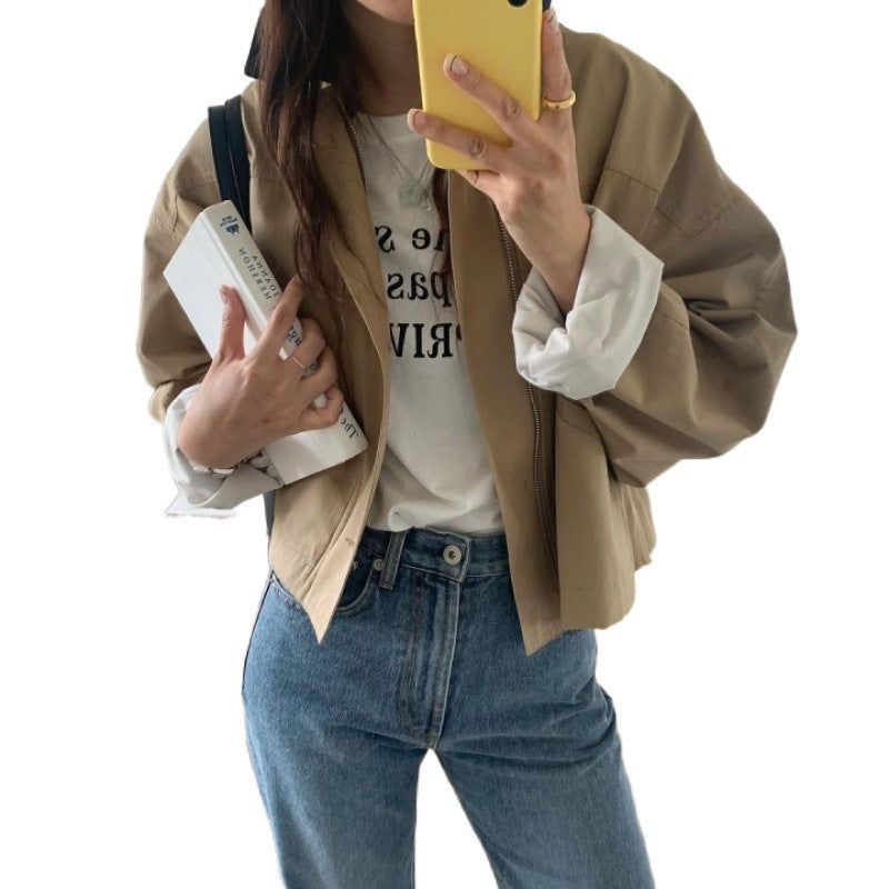 Korean Style Loose Contrast Color Lapels Single-breasted Casual Short Top