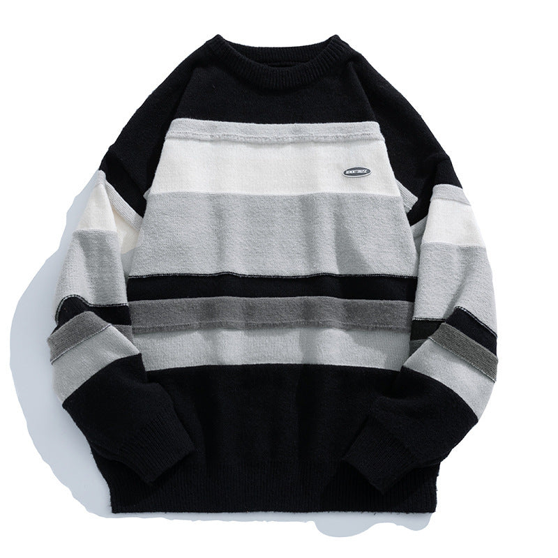 Japanese Style Men's Clothing Vintage Stripe Round Neck Sweater