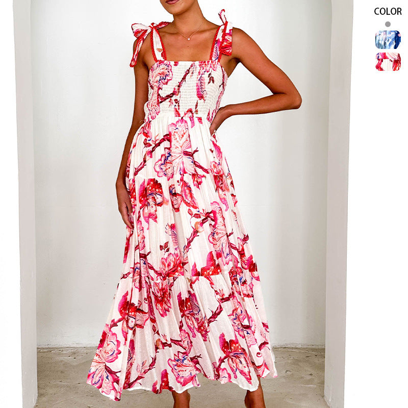 Women's Sling Smocking Elastic Waist Shoulder Strap Dress