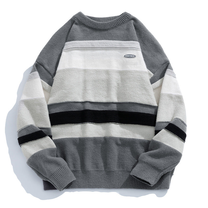 Japanese Style Men's Clothing Vintage Stripe Round Neck Sweater