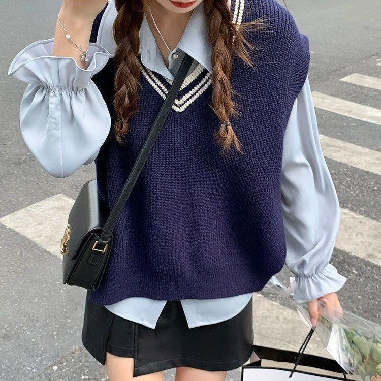College Jk Style Contrast Color V-neck Knitted Vest Outer Wear Korean Style
